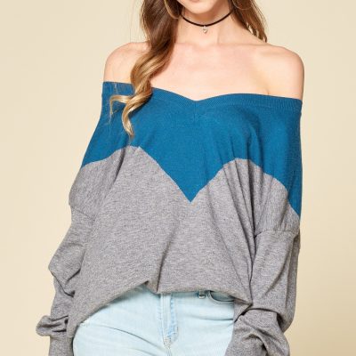 Color Block V Neck Pullover Sweater: Soft Stretchy